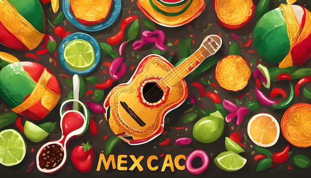 eine Zeichnung einer Gitarre und einer Frucht mit dem Wort Mexiko darauf