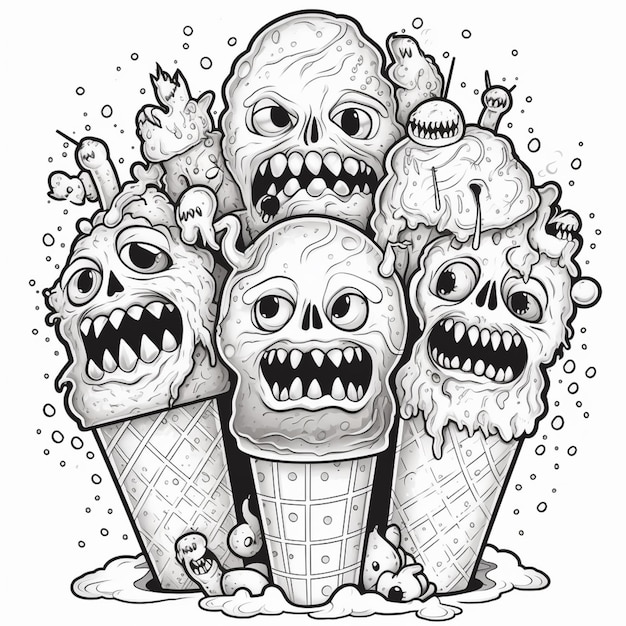 eine Zeichnung einer Gruppe von Eiscreme-Kegeln mit Schädeln und Monstern generative ai