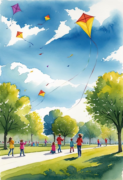 Eine Zeichnung einer Gruppe von Kindern, die an einem windigen Tag in einem Park Drachen fliegen, während ihre Eltern zusehen
