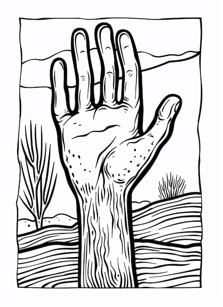Foto eine zeichnung einer hand, die bis zu einem baum reicht