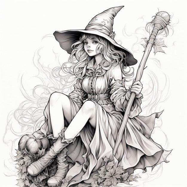 eine Zeichnung einer Hexe, die auf einem Besen sitzt und einen Besen hält.