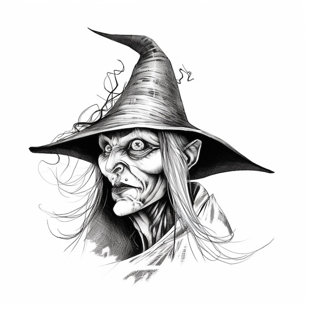 Eine Zeichnung einer Hexe mit einem Hut auf dem Kopf, generative KI