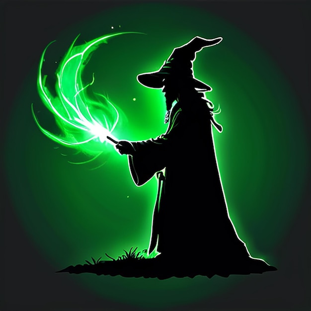 eine Zeichnung einer Hexe mit grünem Hintergrund