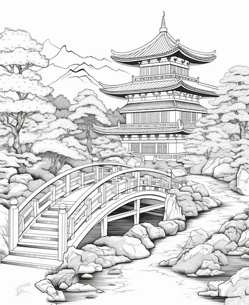 Foto eine zeichnung einer japanischen pagode mit einer brücke über einen bach, generative ki