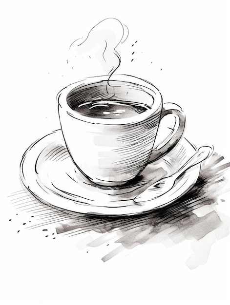 eine Zeichnung einer Kaffeetasse mit einem Löffel darin