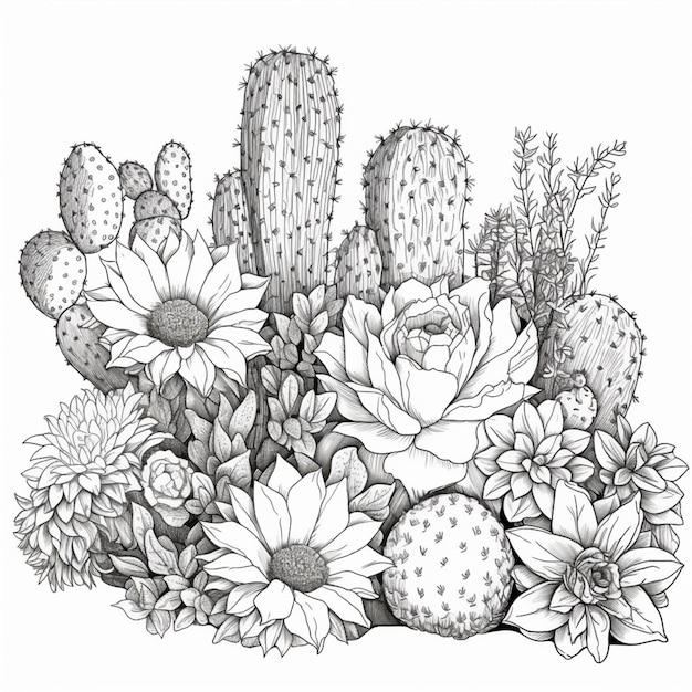 Eine Zeichnung einer Kaktuspflanze mit Blüten und Kaktusplanten generativ ai