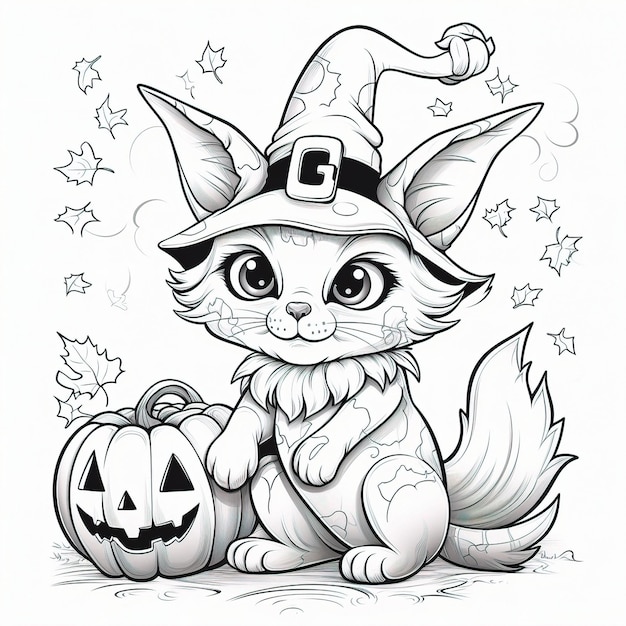 eine Zeichnung einer Katze, die einen Hexenhut und einen Kürbis trägt.