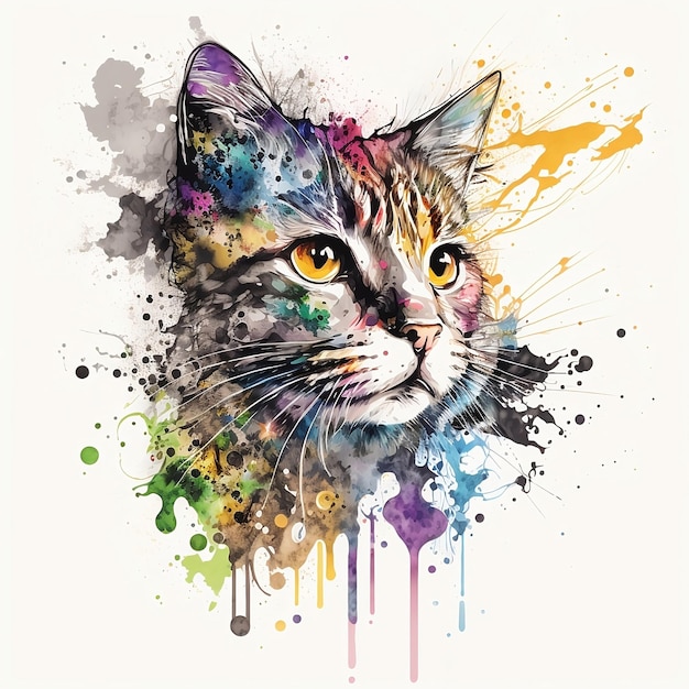 Eine Zeichnung einer Katze mit buntem Hintergrund und dem Wort „Katze“ darauf.