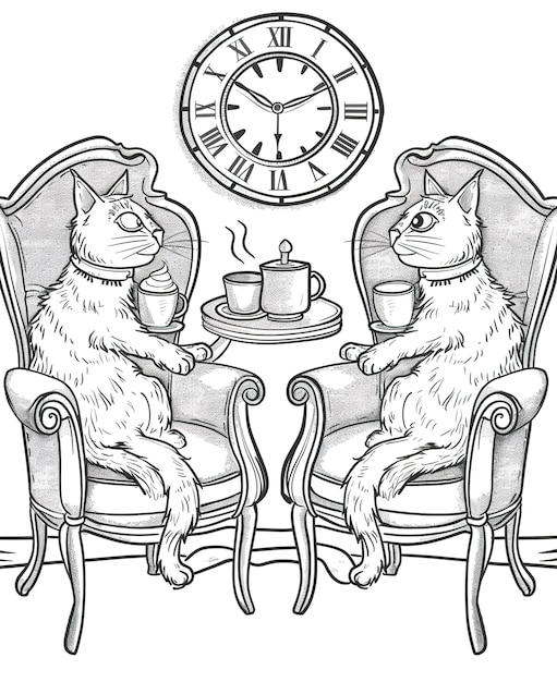 eine Zeichnung einer Katze und einer Uhr mit den Worten die Zeit ist elf Uhr 