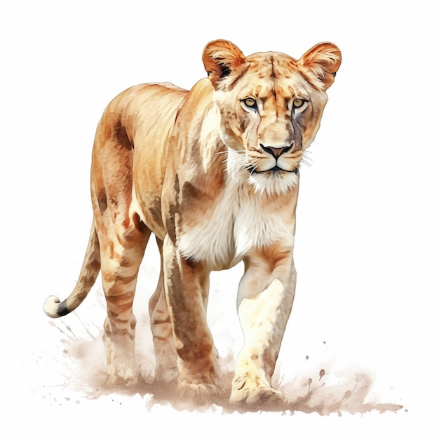 Eine Zeichnung einer Löwin mit einem blauen Auge und einem weißen Streifen auf der Brust.