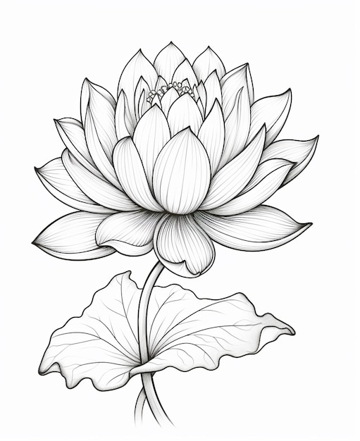 eine Zeichnung einer Lotusblume mit Blättern auf einem weißen Hintergrund