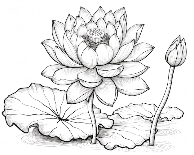 Foto eine zeichnung einer lotusblume mit blättern und einem generativen schmetterling