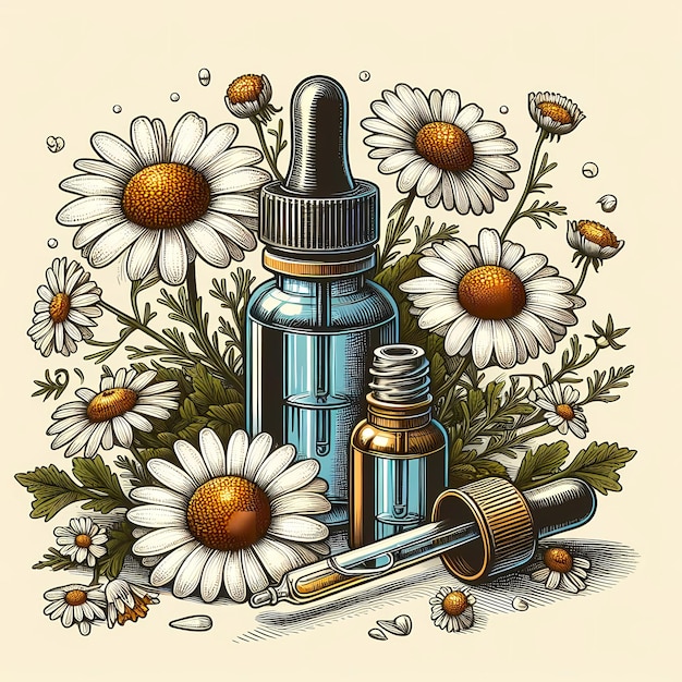 Foto eine zeichnung einer medikamentenflasche mit blumen und einer medikamentenflasche