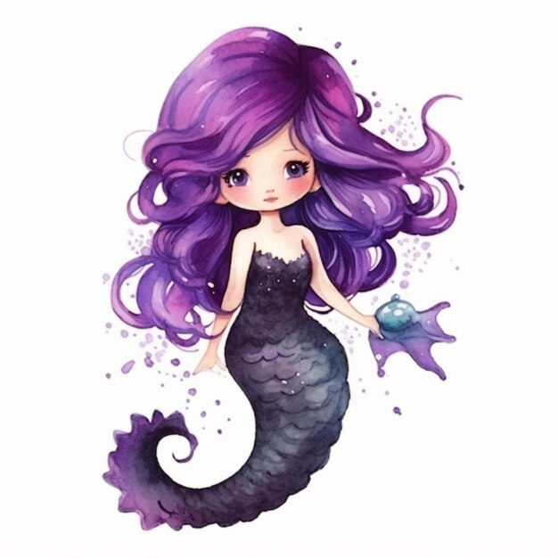 eine Zeichnung einer Meerjungfrau mit lila Haaren und einem Fischschwanz