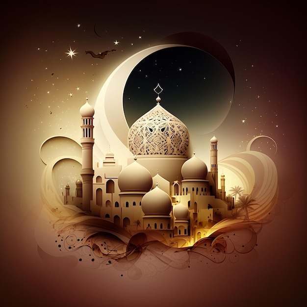 Eine Zeichnung einer Moschee mit einem Mond und Fledermäusen darauf.