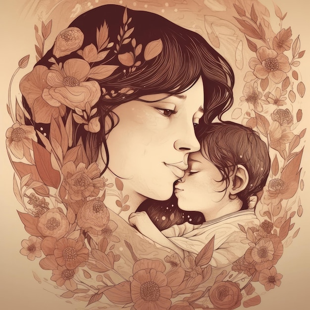 Eine Zeichnung einer Mutter und ihres Babys