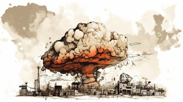 Eine Zeichnung einer nuklearen Explosion mit einer Stadt im Hintergrund.