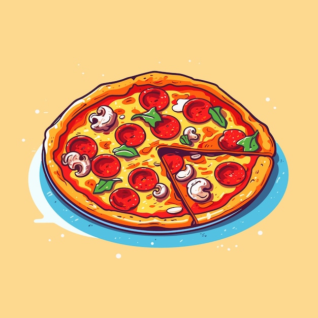 eine Zeichnung einer Pizza mit Tomaten und Zwiebeln