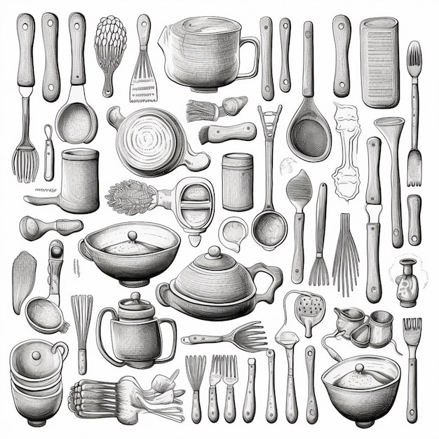 Foto eine zeichnung einer reihe von küchenutensilien und kochutensilien generative ai