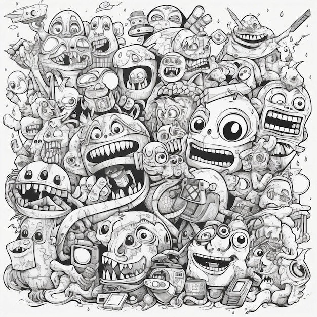 Eine Zeichnung einer Reihe von Zeichentrickfiguren mit generativen KI-Gesichtern