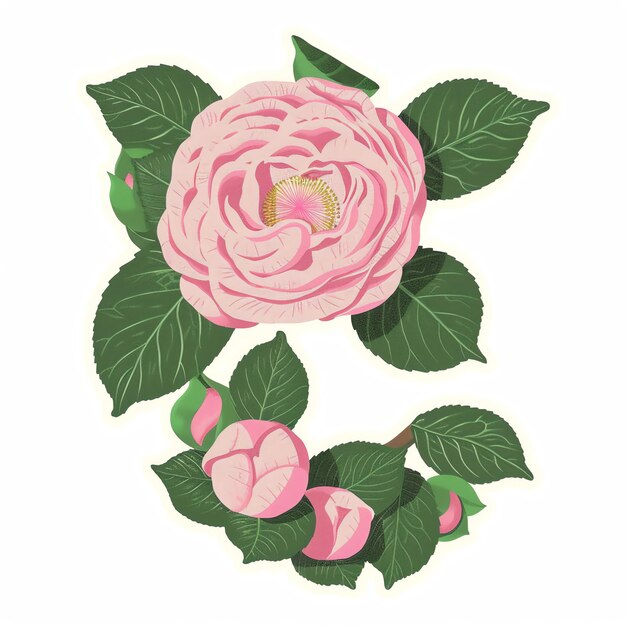 Foto eine zeichnung einer rosa rose mit grünen blättern und rosa blumen