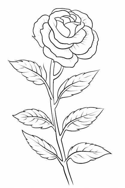 eine Zeichnung einer Rose mit Blättern auf einem weißen Hintergrund
