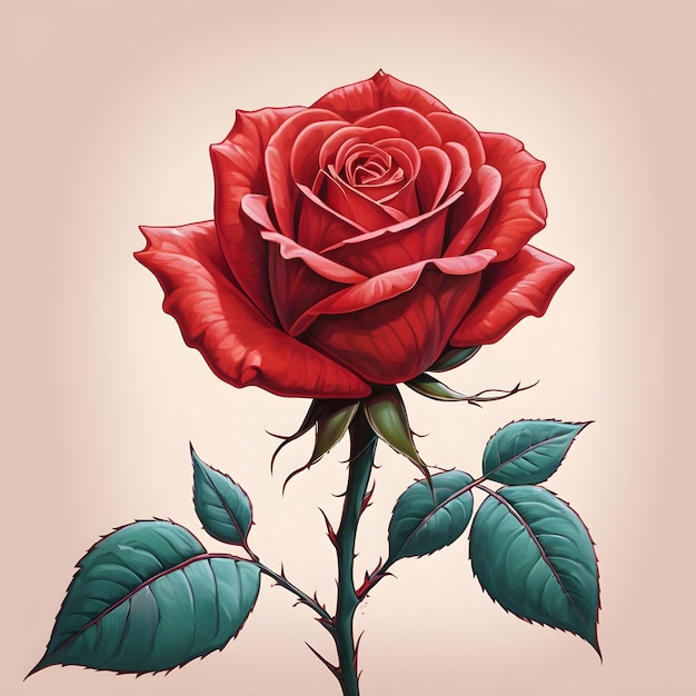 eine Zeichnung einer roten Rose mit grünen Blättern