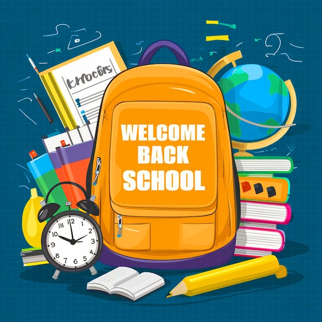eine Zeichnung einer Schule mit einem Schulrucksack und Büchern