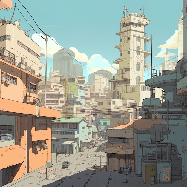 eine Zeichnung einer Stadt mit einem Gebäude im Hintergrund.
