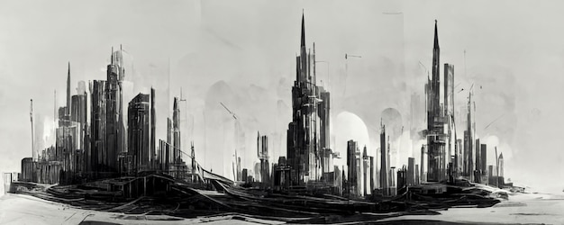 Eine Zeichnung einer Stadt mit einem großen Gebäude in der Mitte.