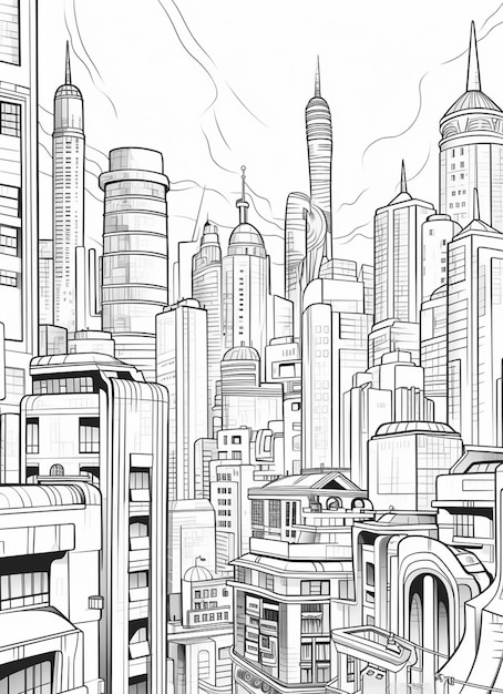 eine Zeichnung einer Stadt mit hohen Gebäuden und einer Himmellinie generative ai