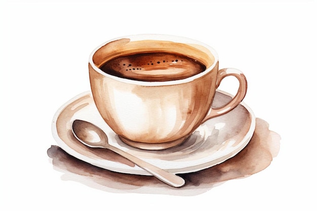 eine Zeichnung einer Tasse Kaffee mit einem Löffel auf einer Untertasse.