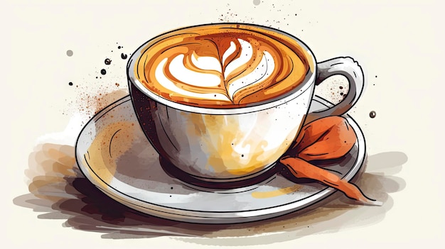 Eine Zeichnung einer Tasse Kaffee mit einer Zimtstange darauf.