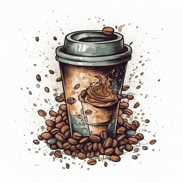 eine Zeichnung einer Tasse Kaffee mit Kaffeebohnen und generativer Kaffeebohnen-KI