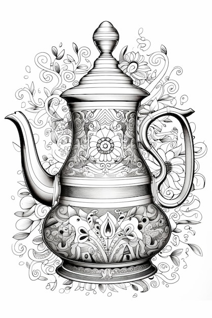 eine Zeichnung einer Teekanne mit einem Blumenmuster darauf generative ai