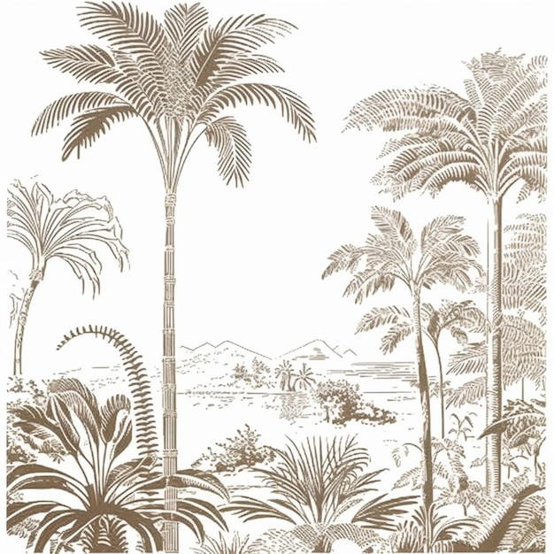 eine Zeichnung einer tropischen Szene mit Palmen und einem Boot mit generativer KI