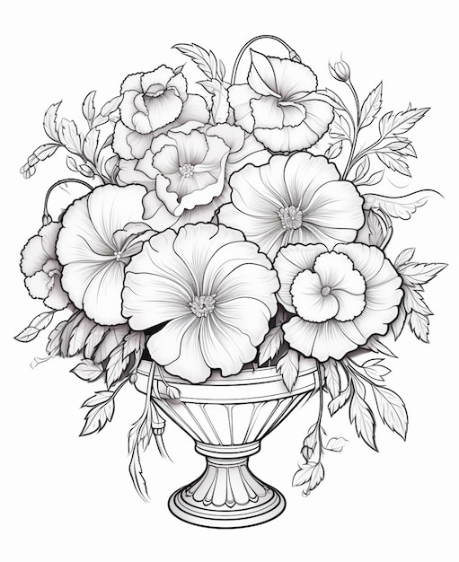 Eine Zeichnung einer Vase mit Blumen darin, generative KI