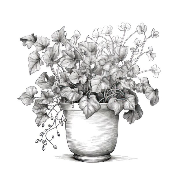 eine Zeichnung einer Vase mit Blumen und Blättern