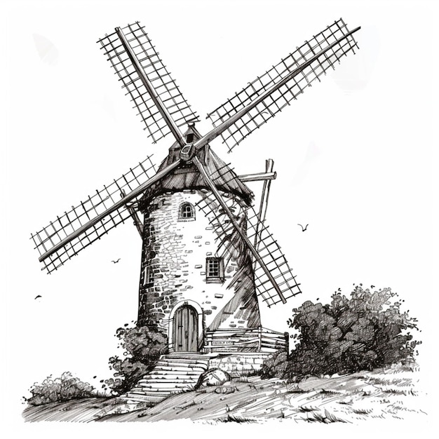 eine Zeichnung einer Windmühle mit einer Zeichnung eines Windmühles