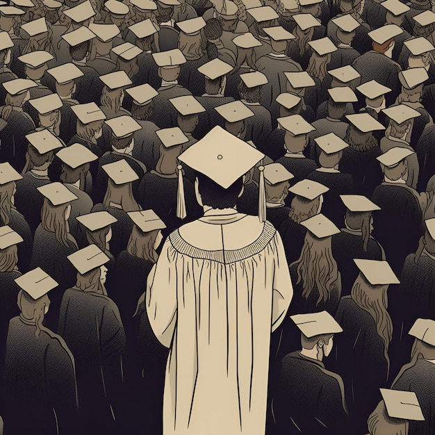 Eine Zeichnung eines Absolventen, der in einer Menschenmenge steht und eine schwarz-weiße Abschlusskappe auf dem Kopf trägt.
