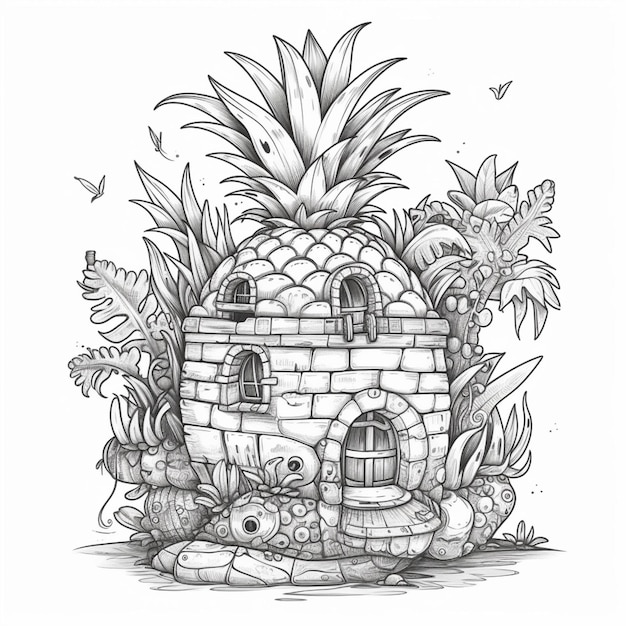 Eine Zeichnung eines Ananashauses mit einer Schildkröte und generativer Schildkröten-KI