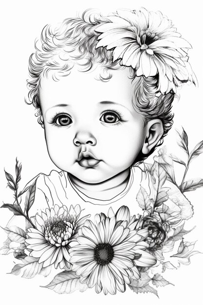 eine Zeichnung eines Babys mit Blumen im Haar generativ ai