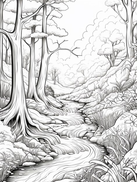 Foto eine zeichnung eines baches in einem wald mit generativen bäumen und büschen