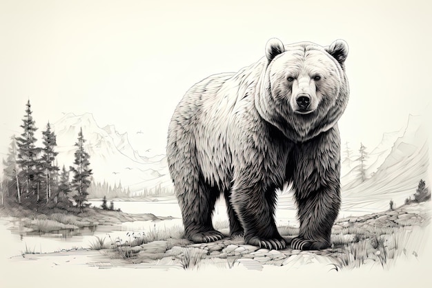 eine Zeichnung eines Bären, die in Schwarz-Weiß gezeichnet ist