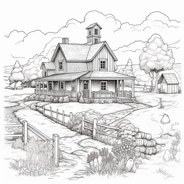 eine Zeichnung eines Bauernhauses mit Zaun und Tor