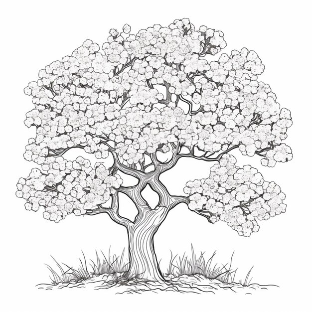 eine Zeichnung eines Baumes mit weißen Blumen generativ ai