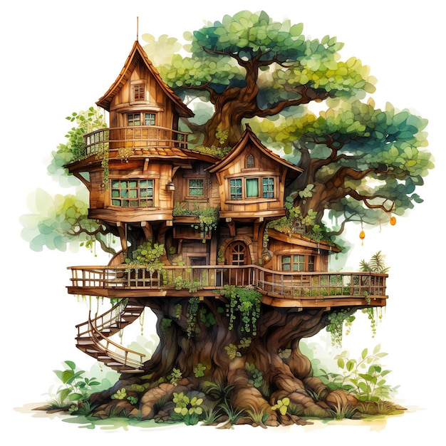 eine Zeichnung eines Baumhauses mit einem Baumhaus oben.