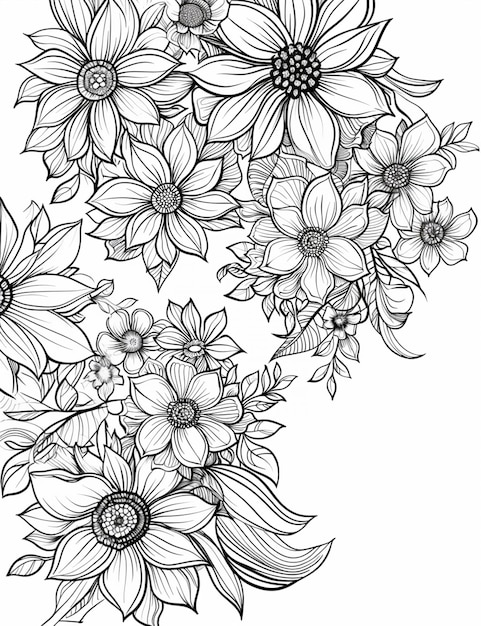 eine Zeichnung eines Blumenstammes mit Blättern und Blumen