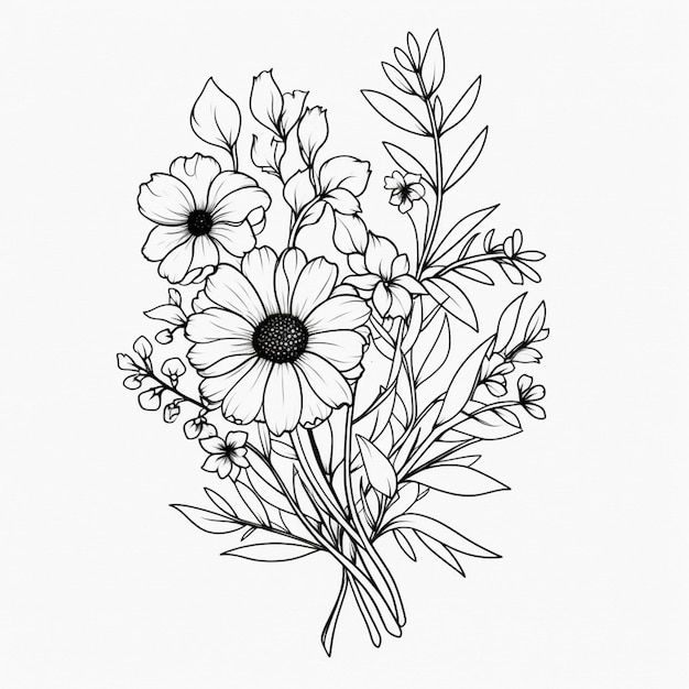 eine Zeichnung eines Blumenstammes mit Blättern und Blumen