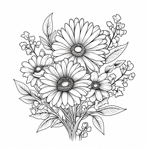 eine Zeichnung eines Blumenstraußes mit Blättern und Blumen